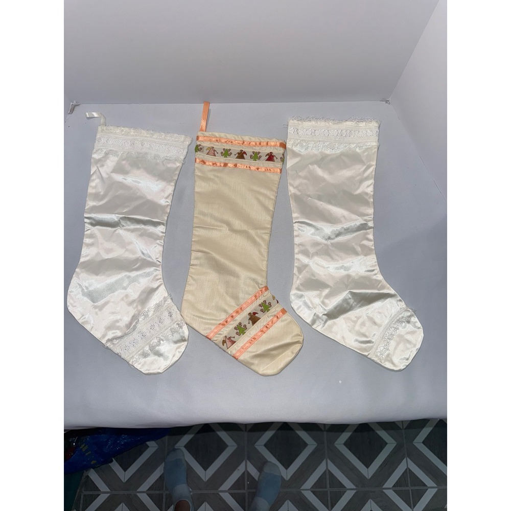 Vintage Christmas Stockings Set of 3 White Satin Lace Cream Embroidered Angel